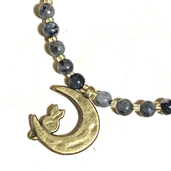 Larvikite Bronze Cat on the Moon Necklace, Genuine Gemstone Beaded Necklace - Picture 7 of 10